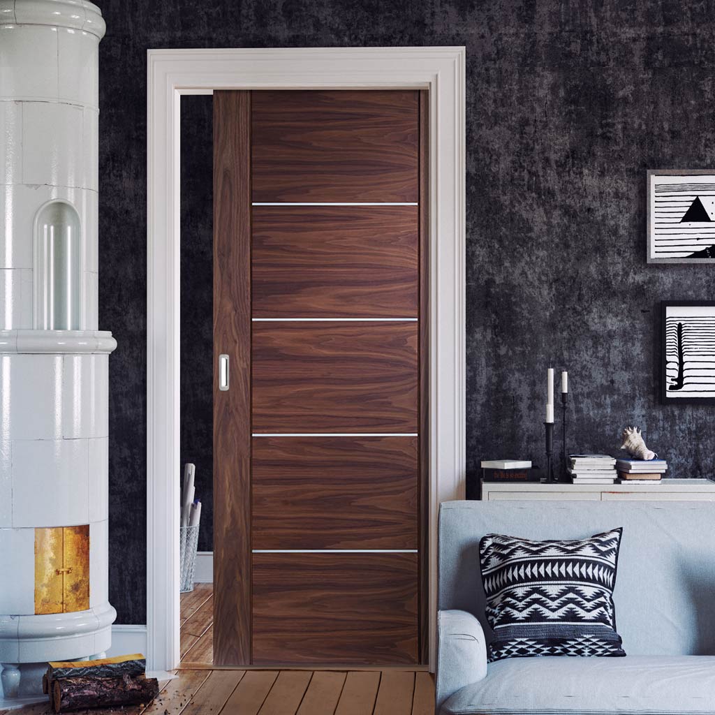 Portici Walnut Flush Single Evokit Pocket Door - Aluminium Inlay - Prefinished