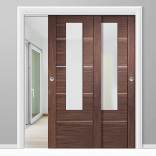 Image: Bespoke Thruslide Portici Walnut Glazed - 2 Sliding Doors and Frame Kit - Aluminium Inlay - Prefinished