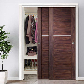 Image: Bespoke Thruslide Portici Walnut Flush 2 Door Wardrobe and Frame Kit - Aluminium Inlay - Prefinished