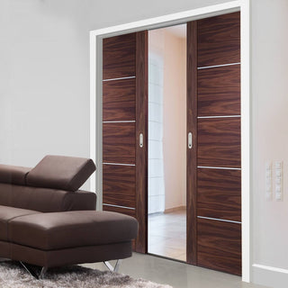 Image: Portici Walnut Flush Double Evokit Pocket Doors - Aluminium Inlay - Prefinished