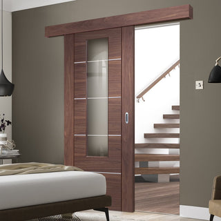 Image: Single Sliding Door & Wall Track - Portici Walnut Flush Door - Aluminium Inlay - Clear Glass - Prefinished