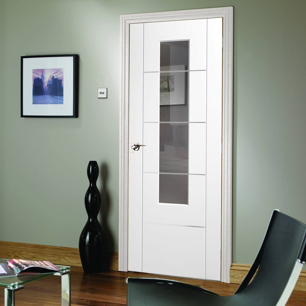 Portici White Door - Clear Etched Glass - Aluminium Inlay - Prefinished - From Xl Joinery