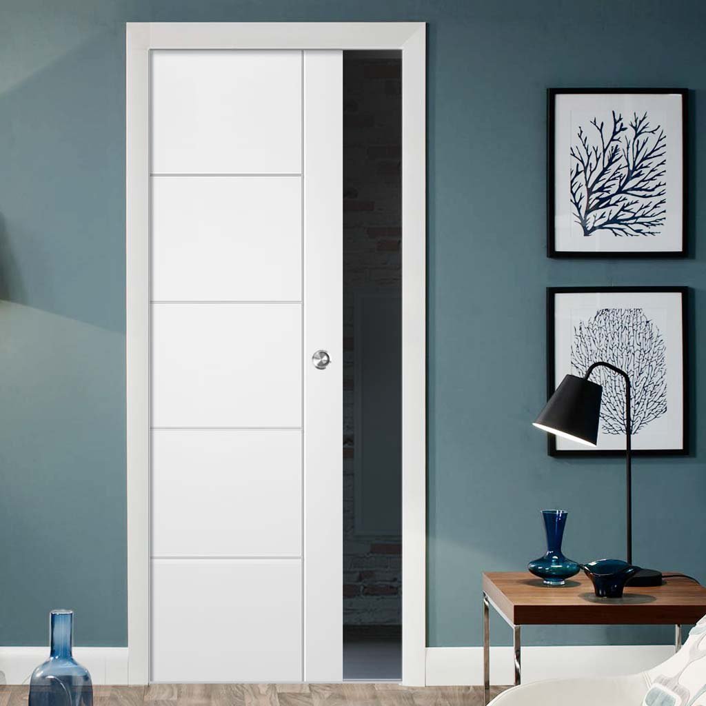 Portici White Flush Single Evokit Pocket Door - Aluminium Inlay - Prefinished