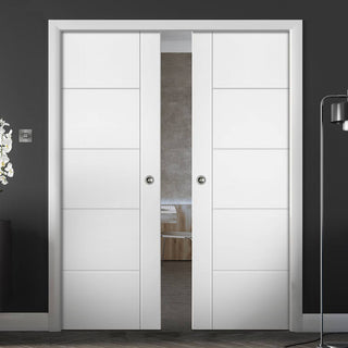 Image: Portici White Flush Double Evokit Pocket Doors - Aluminium Inlay - Prefinished