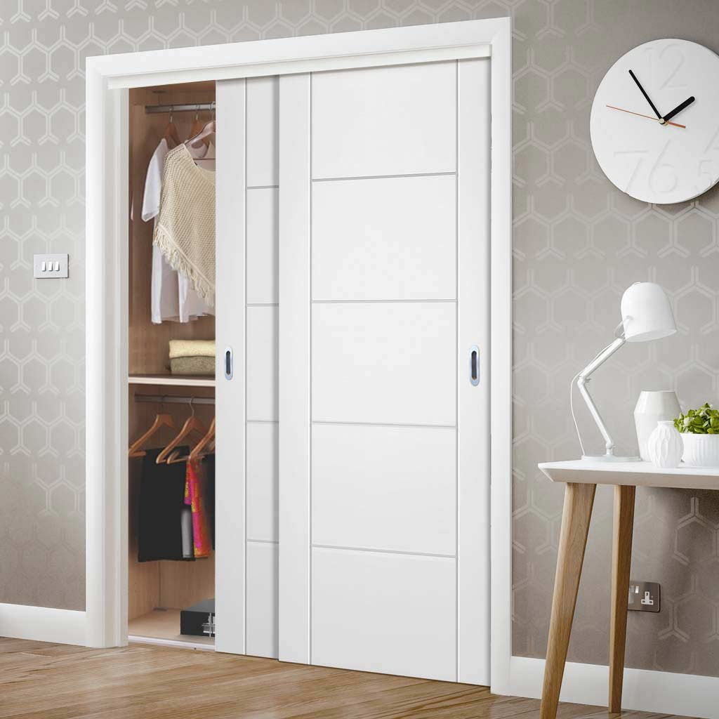 Two Sliding Wardrobe Doors & Frame Kit - Portici White Flush Door - Aluminium Inlay - Prefinished
