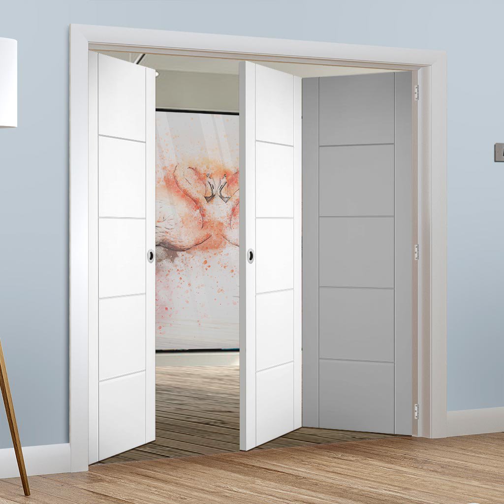 Three Folding Doors & Frame Kit - Portici White Flush 2+1 - Aluminium Inlay - Prefinished