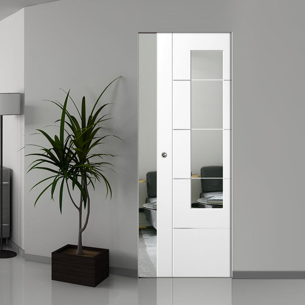 Portici White Absolute Evokit Pocket Door - Clear Etched Glass - Aluminium Inlay - Prefinished
