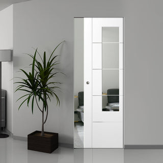 Image: Portici White Absolute Evokit Pocket Door - Clear Etched Glass - Aluminium Inlay - Prefinished