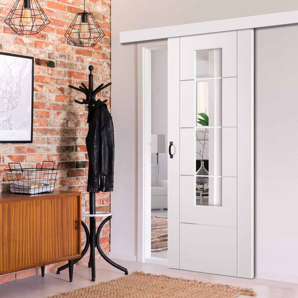 Single Sliding Door & Wall Track - Portici White Door - Clear Etched Glass - Aluminium Inlay - Prefinished