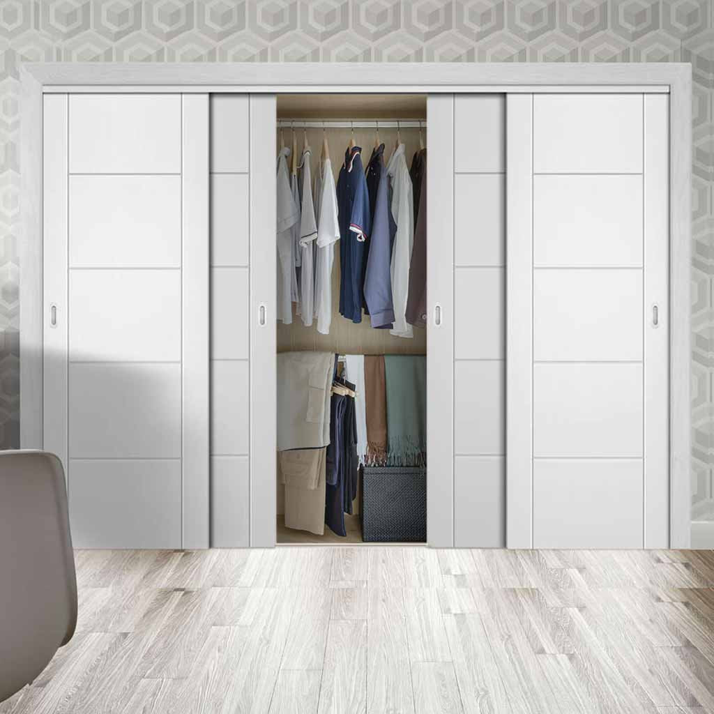 Four Sliding Wardrobe Doors & Frame Kit - Portici White Flush Door - Aluminium Inlay - Prefinished
