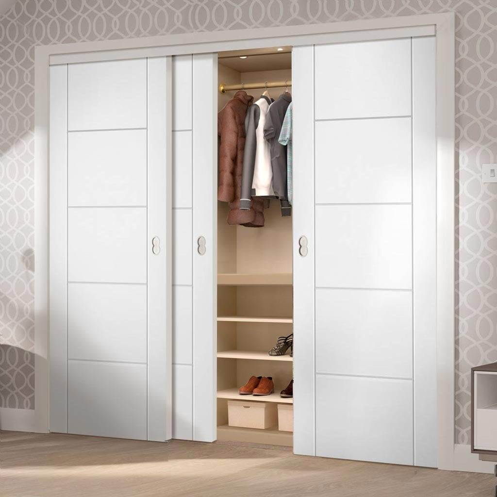 Three Sliding Wardrobe Doors & Frame Kit - Portici White Flush Door - Aluminium Inlay - Prefinished