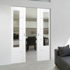 Portici White Absolute Evokit Double Pocket Door - Clear Etched Glass - Aluminium Inlay - Prefinished