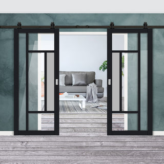 Image: Top Mounted Black Sliding Track & Solid Wood Double Doors - Eco-Urban® Portobello 5 Pane Doors DD6438G Clear Glass(1 FROSTED PANE) - Shadow Black Premium Primed
