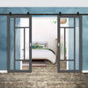 Top Mounted Black Sliding Track & Solid Wood Double Doors - Eco-Urban® Portobello 5 Pane Doors DD6438G Clear Glass(1 FROSTED PANE) - Stormy Grey Premium Primed