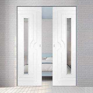 Image: Potenza White Flush Absolute Evokit Pocket Double Pocket Door - Clear Glass - Prefinished