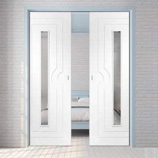 Image: Potenza White Flush Double Evokit Pocket Doors - Clear Glass - Prefinished