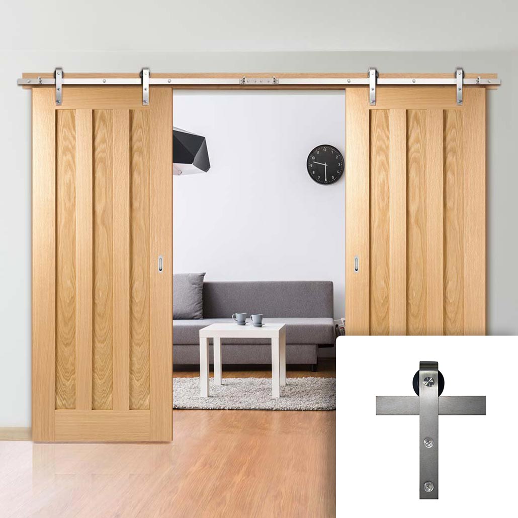 Barn Track Double Sliding Door & Stainless Steel Barn Track - Idaho 3 Panel Oak D ...