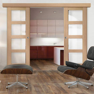Image: Double Sliding Door & Wall Track - Shaker Oak 4 Pane Door - Obscure Glass - Prefinished