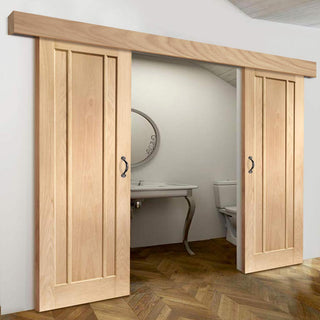 Image: Bespoke Thruslide Surface Worcester Oak 3 Panel - Sliding Double Door and Track Kit - Prefinished