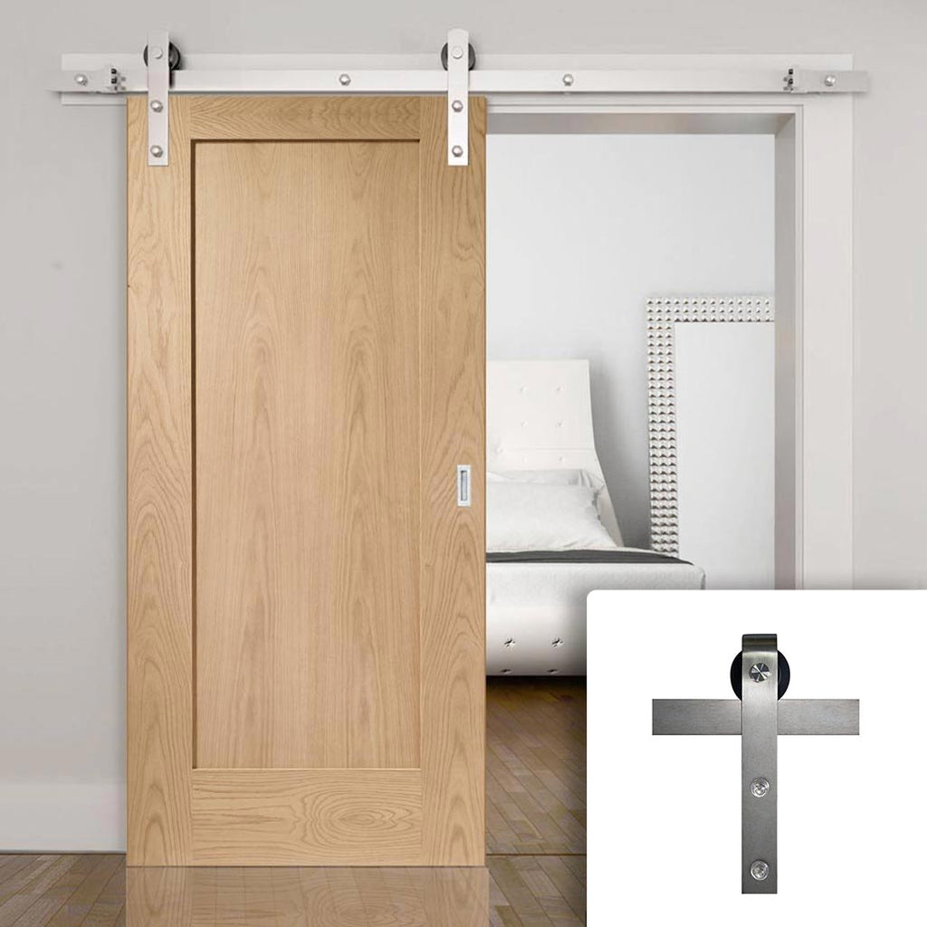 Single Sliding Door & Stainless Steel Barn Track - Pattern 10 1 Panel Shaker Oak Door - Unfinished