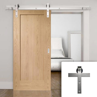 Image: Single Sliding Door & Stainless Steel Barn Track - Pattern 10 1 Panel Shaker Oak Door - Unfinished