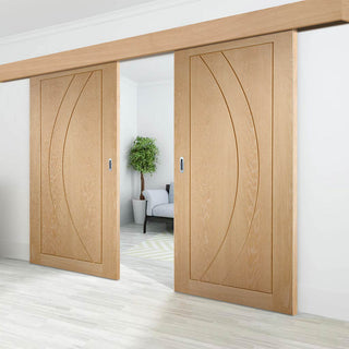 Image: Bespoke Thruslide Surface Salerno Oak Flush - Sliding Double Door and Track Kit - Prefinished