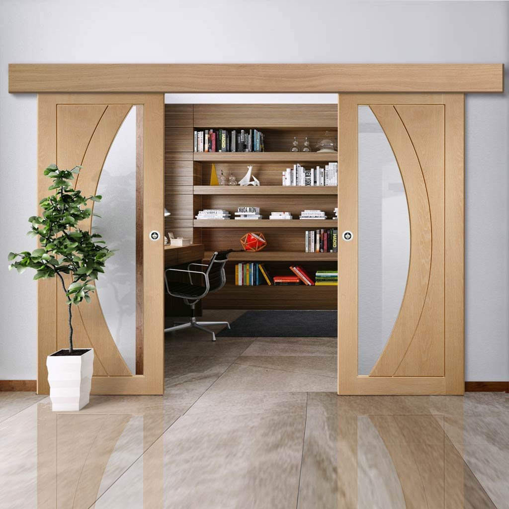 Double Sliding Door & Wall Track - Salerno Oak Doors - Clear Glass - Prefinished