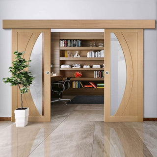 Image: Double Sliding Door & Wall Track - Salerno Oak Doors - Clear Glass - Prefinished