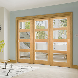Image: Pass-Easi Three Sliding Doors and Frame Kit - Coventry Oak Door - Clear Glass - Prefinished