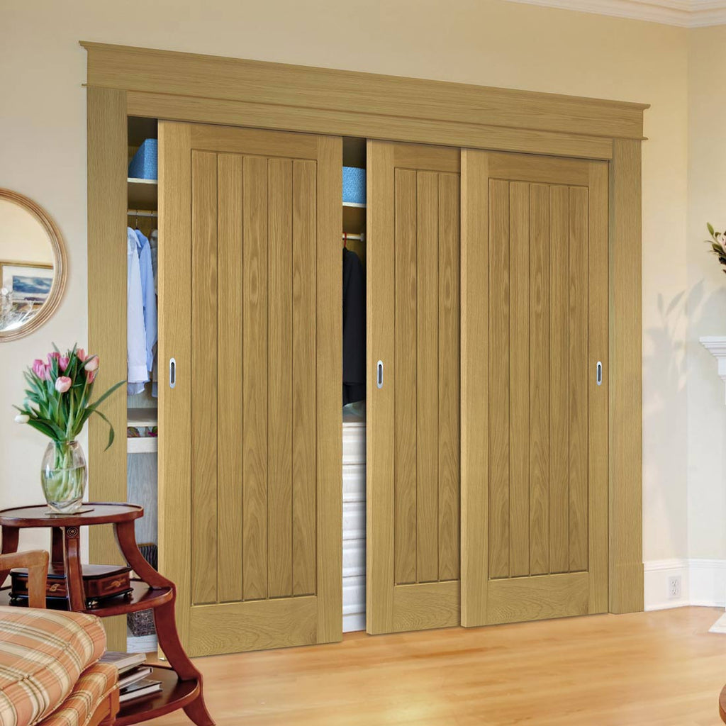 Three Sliding Maximal Wardrobe Doors & Frame Kit - Ely Real American White Oak Veneer Door - Prefinished