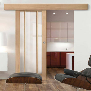 Image: Single Sliding Door & Wall Track - Worcester Oak 3 Pane Door - Clear Glass - Prefinished