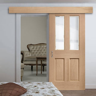 Image: Single Sliding Door & Wall Track - Malton Oak Door - Bevelled Clear Glass - Prefinished