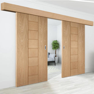 Image: Bespoke Thruslide Surface Messina Oak Flush - Sliding Double Door and Track Kit - Prefinished