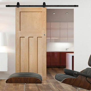 Image: Top Mounted Black Sliding Track & Door - DX 1930'S Oak Panel Door - Prefinished