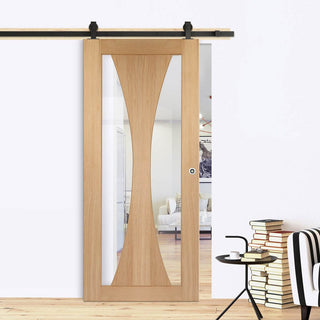 Image: Top Mounted Black Sliding Track & Door - Verona Oak Door - Clear Glass - Prefinished