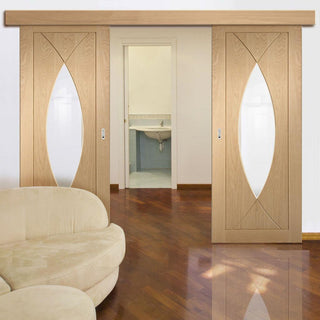 Image: Bespoke Thruslide Surface Pesaro Oak Glazed - Sliding Double Door and Track Kit - Prefinished