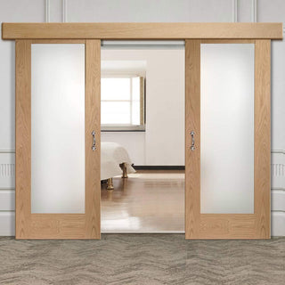 Image: Double Sliding Door & Wall Track - Pattern 10 Oak Shaker 1 Pane Doors - Obscure Glass - Prefinished