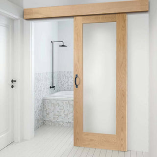 Image: Single Sliding Door & Wall Track - Pattern 10 Oak Shaker 1 Pane Door - Obscure Glass - Prefinished