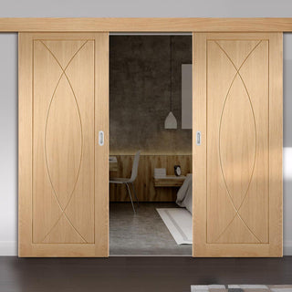 Image: Bespoke Thruslide Surface Pesaro Oak Flush - Sliding Double Door and Track Kit - Prefinished