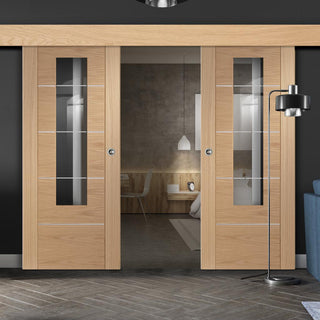 Image: Bespoke Thruslide Surface Portici Oak Glazed - Sliding Double Door and Track Kit - Aluminium Inlay - Prefinished