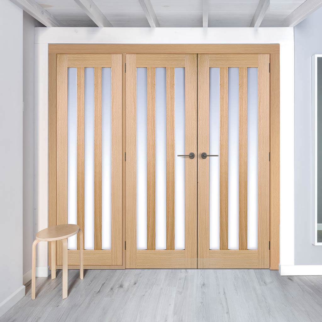 ThruEasi Room Divider - Utah 3 Pane Oak Frosted Glass Prefinished Double Doors with Single Side