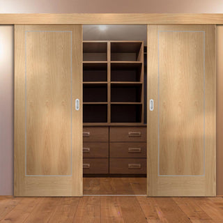 Image: Bespoke Thruslide Surface Varese Oak Flush - Sliding Double Door and Track Kit - Aluminium Inlay - Prefinished