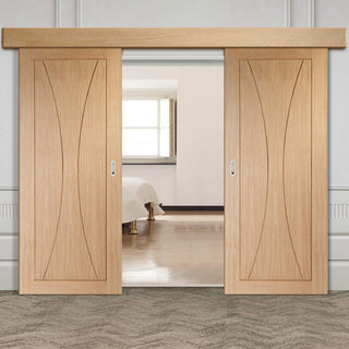 Image: Bespoke Thruslide Surface Verona Oak Flush - Sliding Double Door and Track Kit - Prefinished