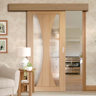 Image: Single Sliding Door & Wall Track - Verona Oak Door - Clear Glass - Prefinished