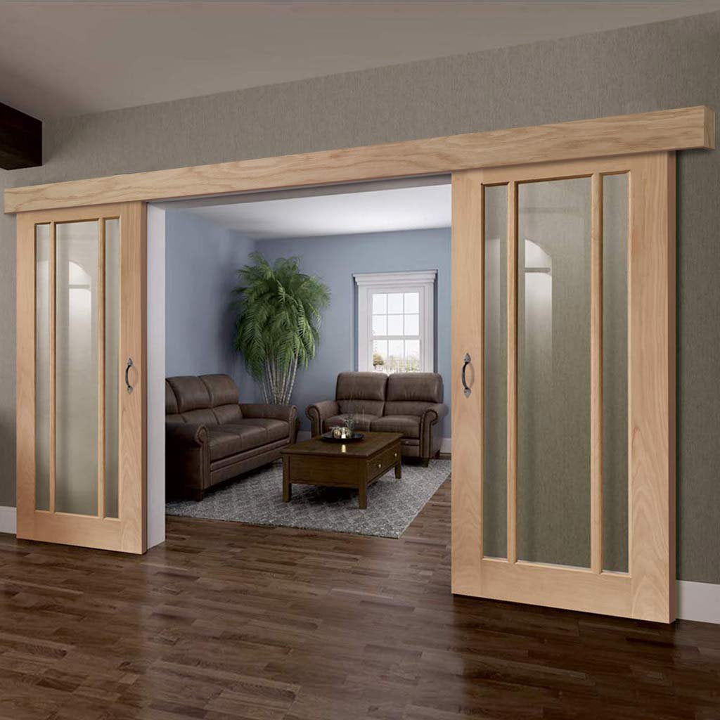 Bespoke Thruslide Surface Worcester Oak 3 Pane Glazed - Sliding Double Door and Track Kit - Prefinished