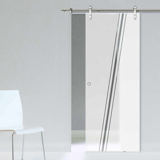 Image: Single Glass Sliding Door - Solaris Tubular Stainless Steel Sliding Track & Preston 8mm Obscure Glass - Clear Printed Design