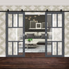 Top Mounted Black Sliding Track & Solid Wood Double Doors - Eco-Urban® Queensland 7 Pane Doors DD6424G Clear Glass - Stormy Grey Premium Primed