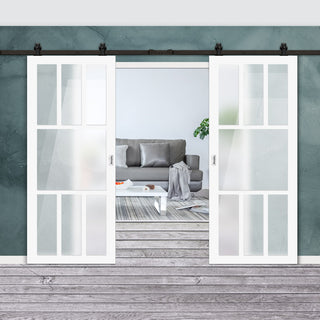 Image: Top Mounted Black Sliding Track & Solid Wood Double Doors - Eco-Urban® Queensland 7 Pane Doors DD6424SG Frosted Glass - Cloud White Premium Primed