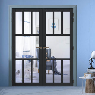 Image: Eco-Urban Queensland 7 Pane Solid Wood Internal Door Pair UK Made DD6424G Clear Glass - Eco-Urban® Shadow Black Premium Primed