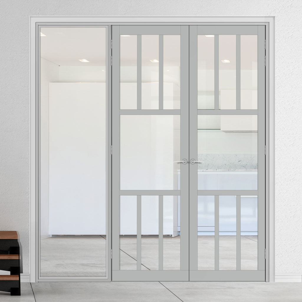 Bespoke Room Divider - Eco-Urban® Queensland Door Pair DD6424C - Clear Glass with Full Glass Side - Premium Primed - Colour & Size Options